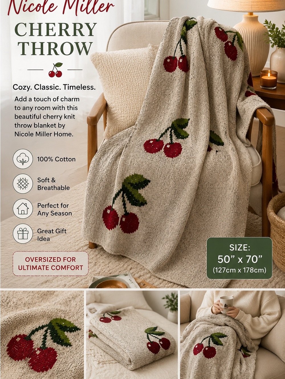 Nicole Miller Multi-Color Knit Throw with Red and Green Accents